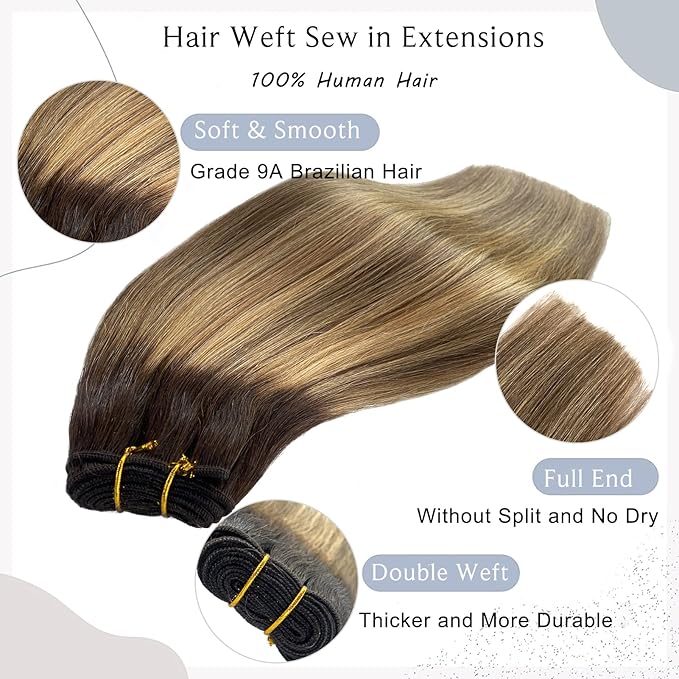 Sew in Hair Extensions Real Human Hair, 20 Inch 100G Weft Hair Extensions Human Hair Ombre Ash Brown Balayage Golden Blonde Highlights Human Hair Weft Extensions Weave Bundles Human Hair for Women