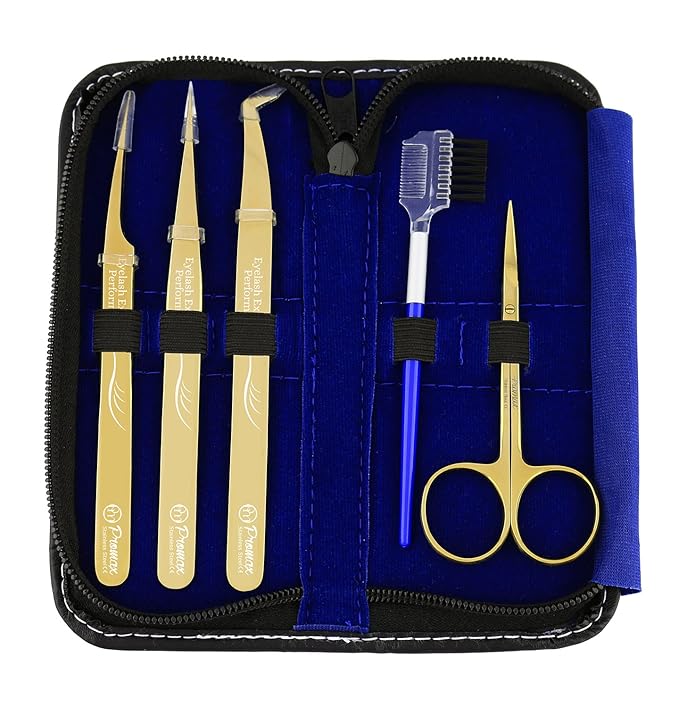 ProMax Care Gold Professional Quality EyeLash Extension 5 PCs Tweezers -The Complete kit for Eyelash Tweezers Include Straight & Curved Tested Tweezers Come in Black Zipper safety Leather Case-80-2023