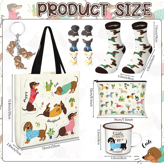 Animal Lover Gifts for Women Mother's Day Animal Themed Gifts for Mom Include Canvas Tote Bag, Makeup Bag, Socks, Keychain, Enamel Mug, Small Figurines(Dachshund)