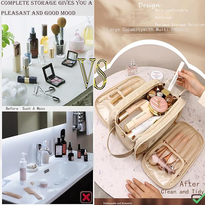 Travel Toiletry Bag for Women PU Leather Triple-layer Double Zipper Toiletry Bags,Waterproof with Handle Mens Toiletry Bag Stowable Brushes, Toiletries Makeup for Business Trips Camping Bathroom Beige