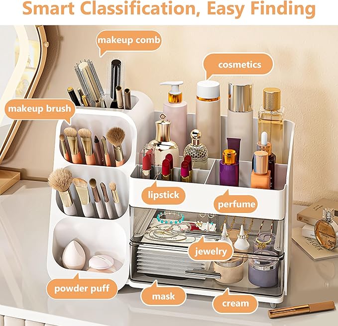 Makeup Organizer for Vanity, Large Capacity Display Case with Drawers for Skincare, Brushes, Lipsticks, Cosmetics, Perfect for Bathroom, Bedroom Storage(White)