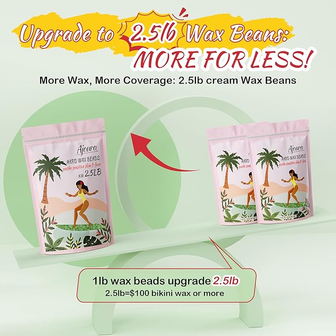 Ajoura 2.5LB Aloe Hard Wax Beads, Premium Wax for Sensitive Skin Hair Removal, Perfect for Full Body, Bikini, Face, Eyebrow, Back, Chest, Legs, Armpit, Big Pack Refill for Home & Salon Waxing (Green)