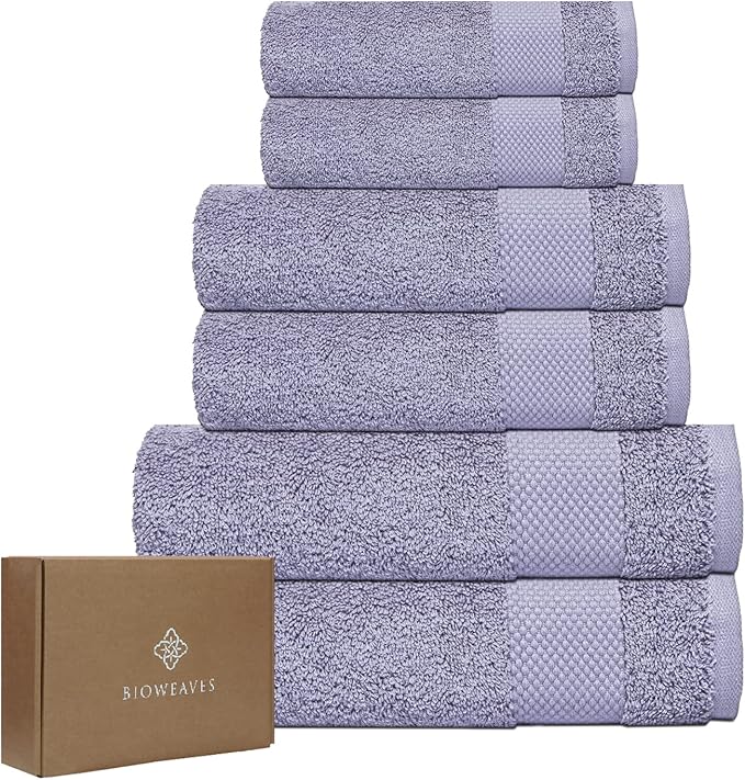 BIOWEAVES 100% Organic Cotton 6-Piece Luxury Bathroom Towels Set GOTS Certified 700 GSM, 2 Bath Towels, 2 Hand Towels & 2 Wash Cloths - Lavender
