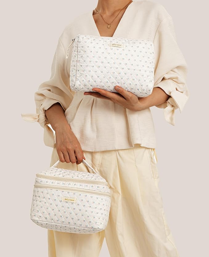 HBselect 2Pcs Travel Makeup Bag, Large Cotton Quilted Makeup Bag Cosmetic Bag Cute Make up Bag Toiletry Bags for Women Girls