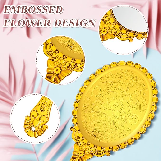 Qunclay 12 Pcs Vintage Handheld Mirror, 9.8" L x 4.5" W Small Gold Embossed Portable Princess Mirror for Classroom Kids Princess Party Favors Travel