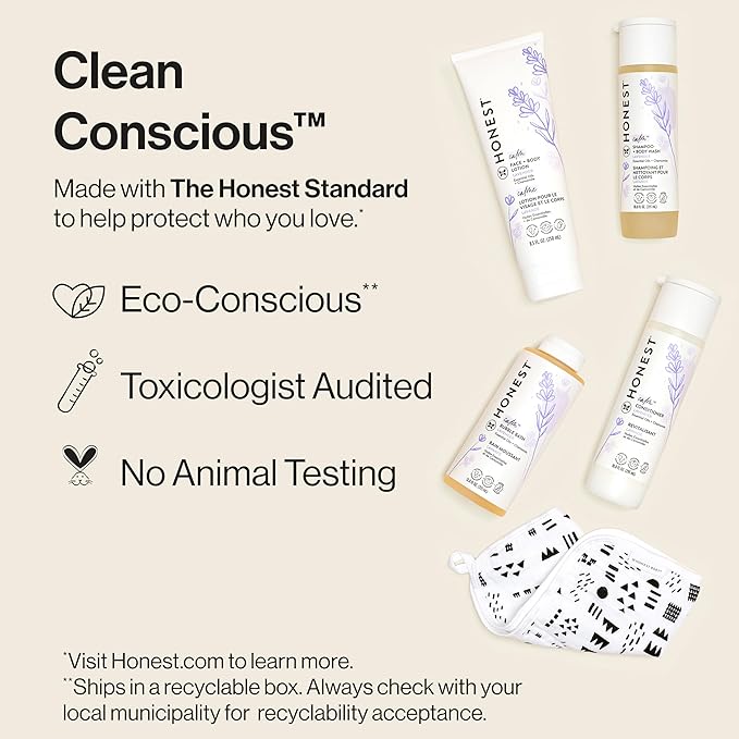 The Honest Company Calming Lavender Bathtime Gift Set | Hypoallergenic Bath Essentials for Sensitive Skin | Shampoo + Body Wash, Face + Body Lotion, Bubble Bath, Conditioner, Wash Cloth