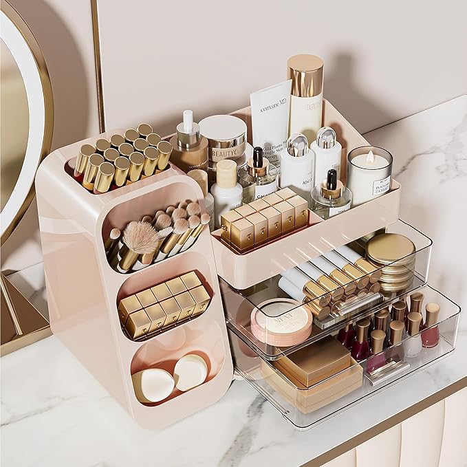 Delamu Makeup Organizer with Drawers for Vanity, Spacious Cosmetic Display Case with Makeup Brush Holder, Perfect Vanity Bathroom Organizer and Storage Solution for Skincare & Beauty Essentials, Pink