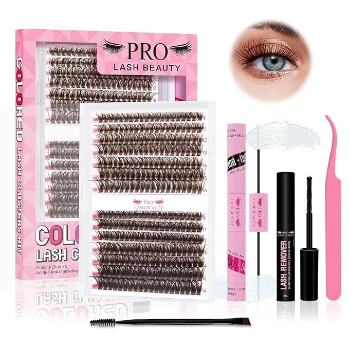 Brown Lash Extension Kit 280pcs Brown Lash Clusters Eyelash Extension Kit With Lash Bond And Seal Lash Remover Lash Applicator Eyelash Brush Easy to Apply at Home for Self Use (60D+80D-9-16mix Kit)