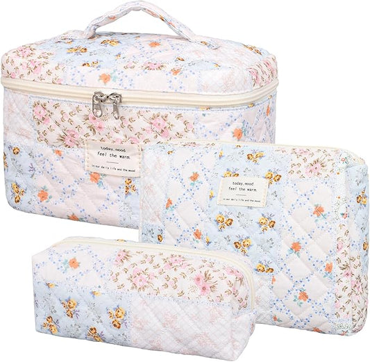 Quilted Makeup Bag,Large Cosmetics Bag Set,Cotton Coquette Floral Make up Pouch,Travel Toiletry Bag for Women