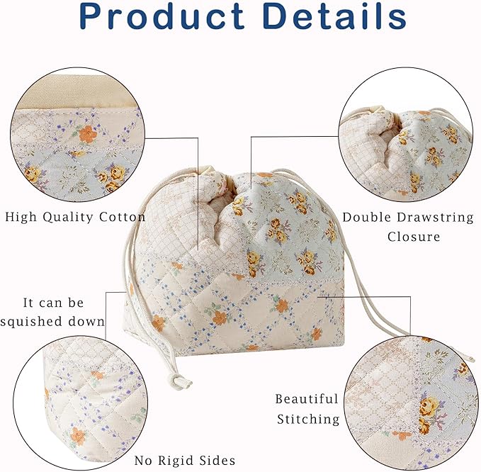 Cotton Quilted Drawstring Makeup Bag with Canvas Lining,Coquette Aesthetic Cute Travel Toiletry Bag,Drawstring Gift Bag for Women and Girls（08Pink Flower）