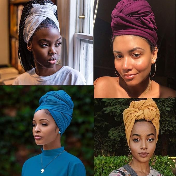 12 Pieces Head Wrap Scarf Stretch Jersey Turban Extra Long Ultra Soft Urban Headwraps for Women Solid Color African Headwear Headband Tie (Set 01)