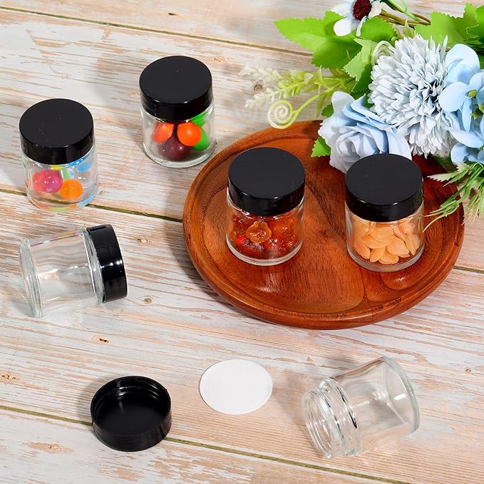 Aoriher 60 Pieces Glass Jars with Lids Clear Small Mason Empty Round Spice Wide Mouth Canning Storage Refillable Cosmetic Containers for Lotions Cream Powders (1 oz) clear and black HS-Aoriher-23870