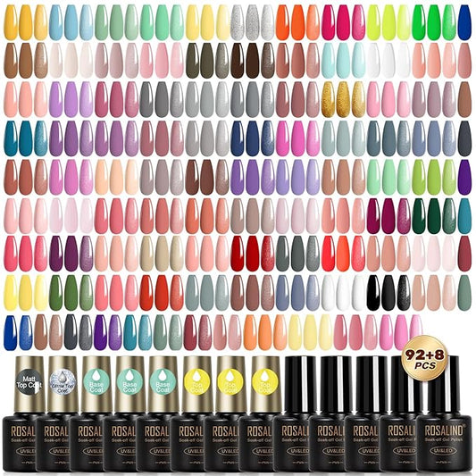 ROSALIND 100PCS Gel Nail Polish Set, 92 PCS Colors Gel Polish Set with 8 Bottles of Base and Glossy Matte Top Coat Starter Nail Set Suitable for All Seasons Gift for Women