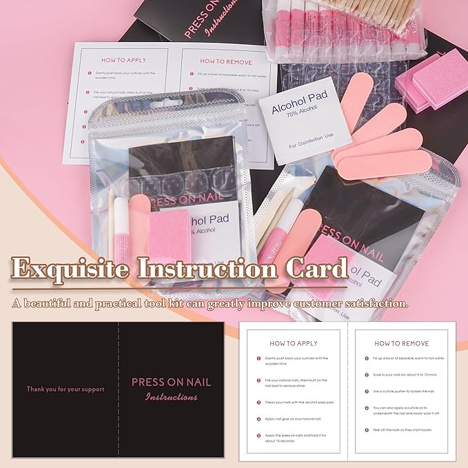 50 Set Press On Nail Tool Prep Kit for Salon Business, Disposable Manicure Kit with Nail File, Buffer, Glue, Prep Pad, Instruction Card, Adhesive Tabs, Wood Stick, Holographic Bag