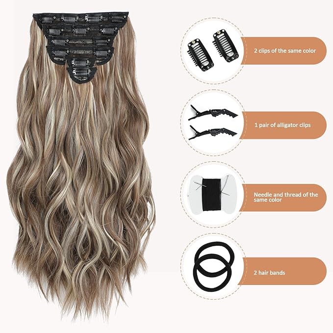 Clip in Hair Extensions for Women - 20 Inch Long Wavy Brown Extensions, 6PCS Chocolate Brown & Ash Blonde Hairpieces that Blend Naturally with Your Real Hair (20 Inch, Chocolate Brown & Ash Blonde)