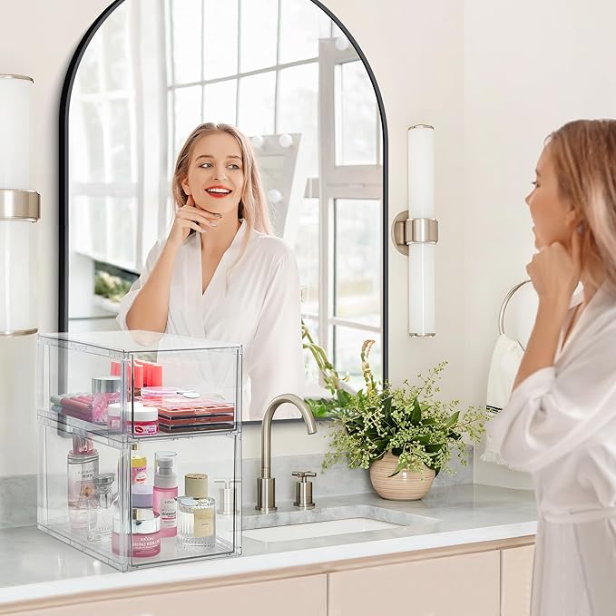 Homecor Clear Makeup Organizer Set of 2, Large Bathroom Storage Drawers, Cosmetic Storage for Vanity Dresser Countertop, Beauty Holder for Lipstick Brush Skincare Valentine's Day Gifts for Her(L+M)