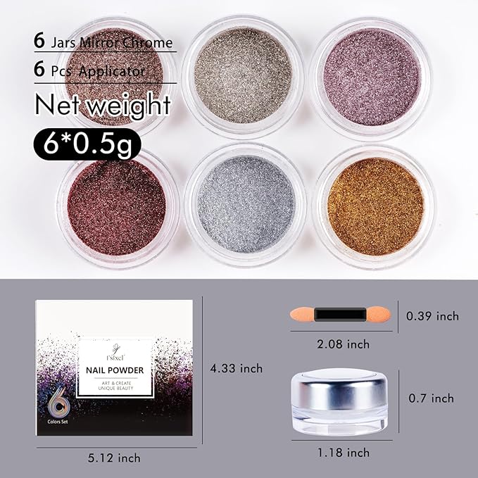 Chrome Nail Powder Set Metallic Mirror Glitter for Manicure Nail Art Decoration Gold Silver Bronze Rose Gold Silver Pigment 6 Colors Kit 0.5g/Jar (TR 6 Pcs Set)