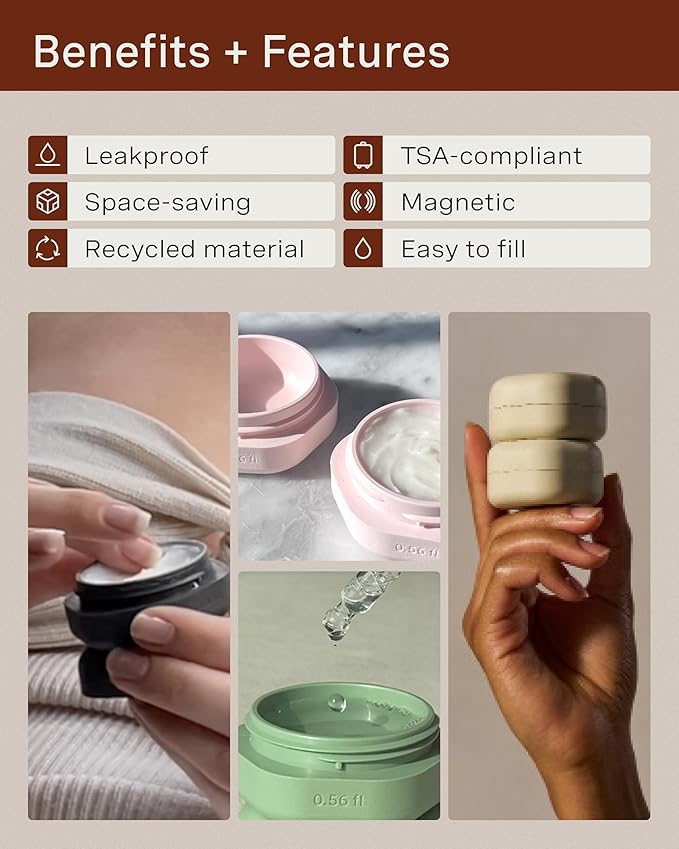 Cadence Travel Containers - Basic Skincare Set - Magnetic Travel Capsules - For Facial Cleanser, Moisturizer, Sunscreen - 3 Small Capsules (0.56oz) with Cleanser, Moisturizer & Sun-Icon Labels - Sand