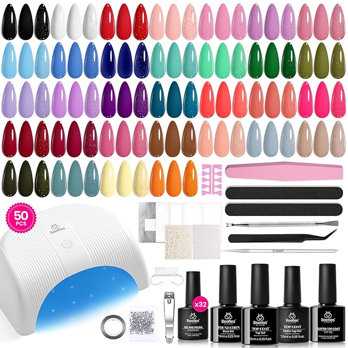 Beetles Gel Nail Polish Kit with U V Light, 32 Colors Gel Polish 54 Pcs Nail Kit includes Base and Matte&Glossy Top Coat Soak Off DIY Art Kit Manicure Four Seasons Glow Gifts for Women Teens Girls