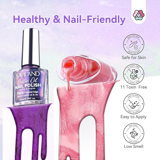 SAVILAND Aurora Nail Polish Set - 12 Shimmer & Holographic Quick-Dry Non-Gel Polish (Glossy, Pearl, Duochrome) with Base & Top Nail Coat, Salon & DIY Essentials for Nail Art