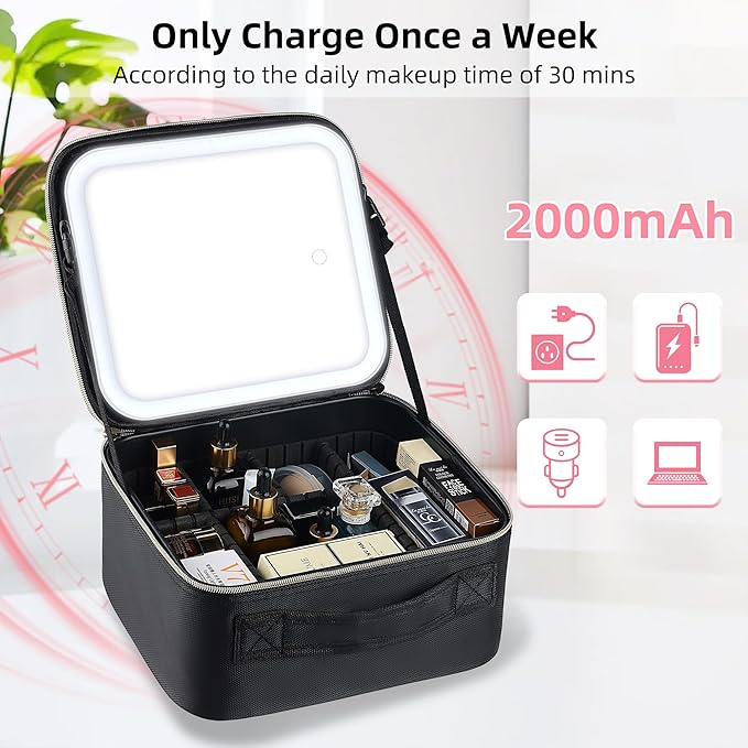 Travel Makeup Bag with LED Mirror – Waterproof Cosmetic Train Case with Adjustable Dividers, Portable Makeup Organizer and Toiletry Bag for Women, Teens & Girls Gift, White
