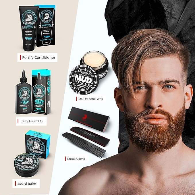 Bossman Complete Beard Kit – Men's Beard Oil Jelly, Fortifying Shower Conditioner, Balm, Mustache Wax & Comb – Beard Softener & Grooming Care (Magic Scent)
