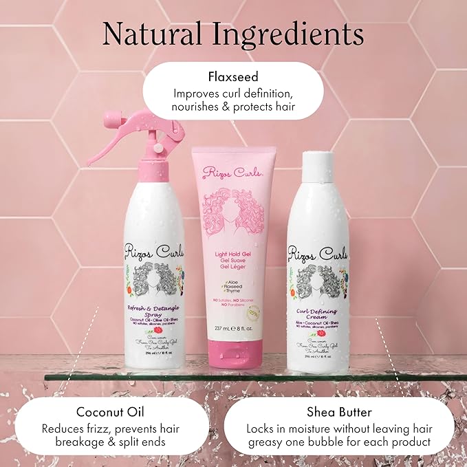 Rizos Curls Styling Starter Kit, Refresh and Detangle Spray & Curl Defining Cream & Light Hold Gel Bundle, Enhance & Define Curls, Add Volume & Hold, Frizz Control & Shine
