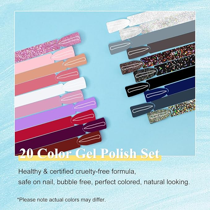 Gel Polish Nail Set 20 Colors with 3Pcs Glossy & Matte Top Coat and Base Coat, Daek Colour Purple Nude Gray Pink Grey Glitter Black Sparkle Glitters Colorful Gel Polish Set For Valentine's Gifts