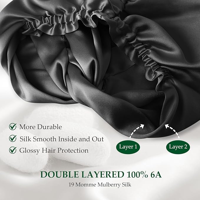 Silk Bonnet for Sleeping Women, 100% Mulberry Silk Sleep Cap with Elastic Band, Real Mulberry on Both Sides, Black
