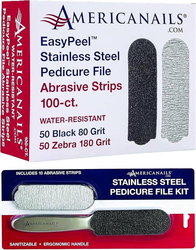 Americanails Stainless Steel Pedicure File Kit with EasyPeel Abrasive Strips and The EasyPeel Pedciure Abbrasive Strips for Foot File (2 Pack Bundle)