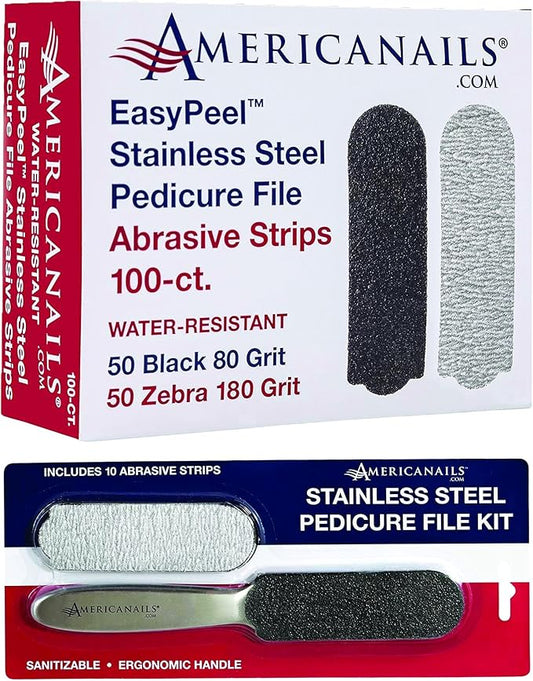 Americanails Stainless Steel Pedicure File Kit with EasyPeel Abrasive Strips and The EasyPeel Pedciure Abbrasive Strips for Foot File (2 Pack Bundle)