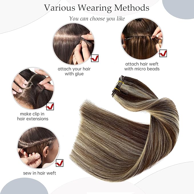 Ubetta Real Human Hair Extensions, 14Inch 80G Weft, Chocolate Brown Balayage Blonde Highlights, Hand Tied Weft Hair Weave Bundles