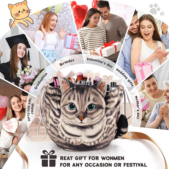 Openhaha Drawstring Travel Organizer, Cosmetic Pouch - Cat Gift, Lay Flat Makeup Bag Gifts for Cat Lovers