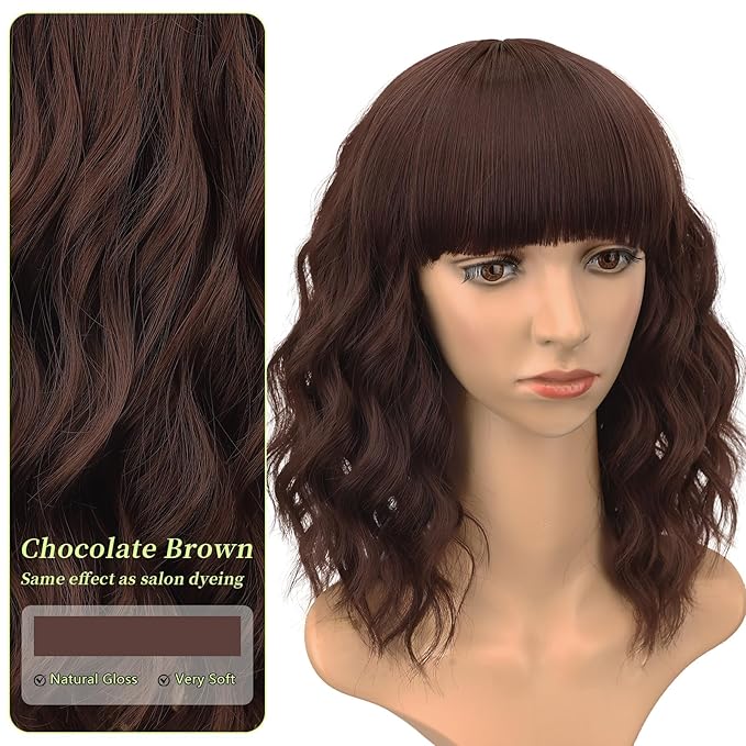 AISI HAIR Chocolate Brown Synthetic Wavy Curly Bob Wig with Bangs Short Wavy Hair for Women Synthetic Heat Resistant Bob Wigs
