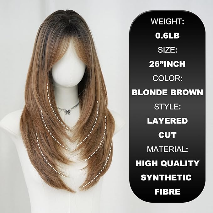7JHH WIGS Long Blonde Brown Highlight Wig with Bangs for Women Heat Resistant Fiber 25 Inch Layered Synthetic Hair Wigs with Dark Roots for Daily Use