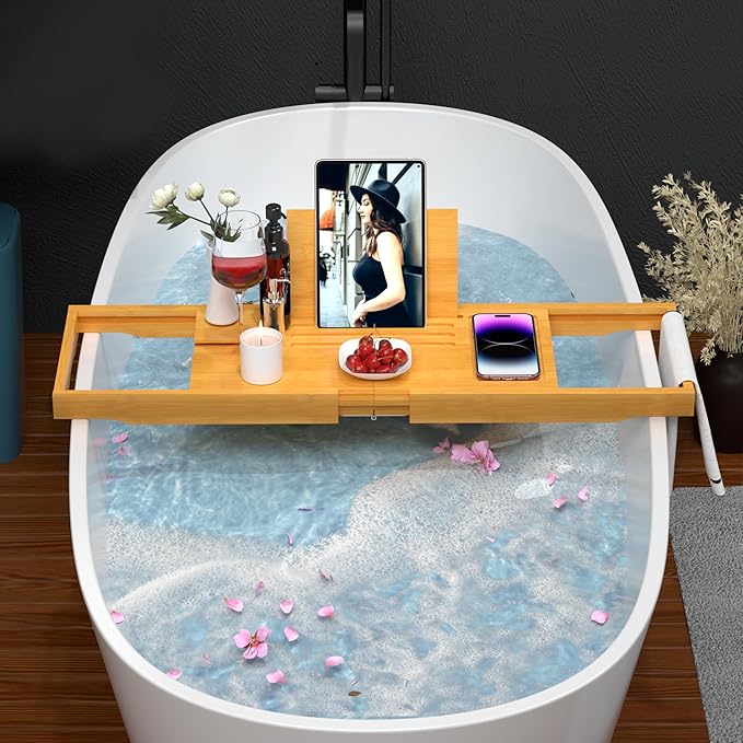 Premium Bathtub Caddy Tray,Expandable Bamboo Bath Tray for Tub,Foldable Minimalist Bathroom Accessories with Book Stand for Home Spa Relaxing,Unique House Warming Gifts,Natural