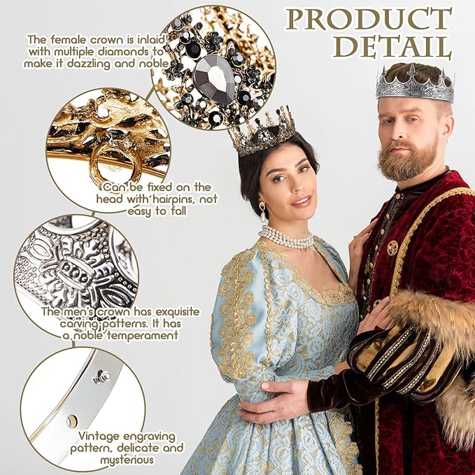 Sureio 2 Pcs Antique Royal King Crown for Men Baroque Queen Crown for 2025 Graduation Prom Party Crystal Tiara Prom Cosplay Birthday Wedding Hair Headband Accessories(Stylish Style)
