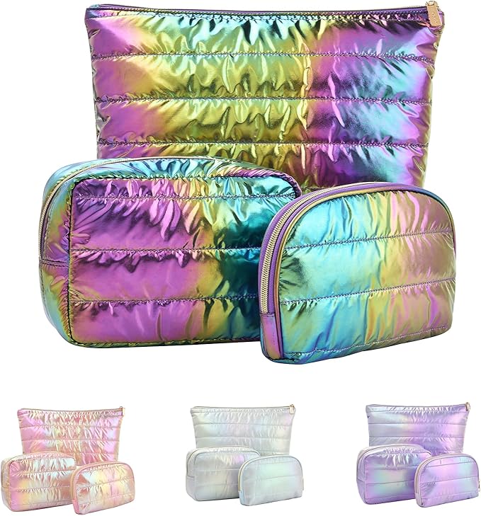 Hiroyuki 3pcs Iridescent Quilted Makeup Bag (plain, rainbow)