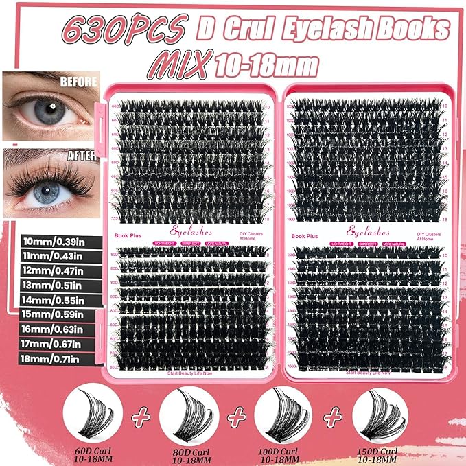 DIY Fluffy Lash Extension Kit 630Pcs 10-18mm D Curl Lashes Clusters with Lash Bond and Seal Glue Remover Lash Shampoo Cleansing Brush Headband Wristband Tweezers Eyelash Brush Applicator