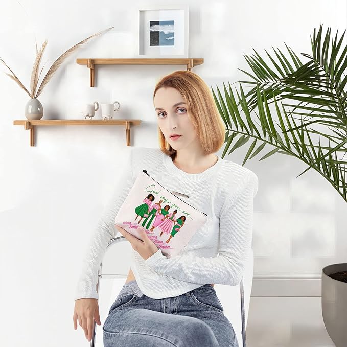 WZMPA Sorority Sisters Cosmetic Makeup Bag Pink and Green Gift God Says You Are Sorority Makeup Zipper Pouch Bag Greek Sorority Paraphernalia (God Says AK)