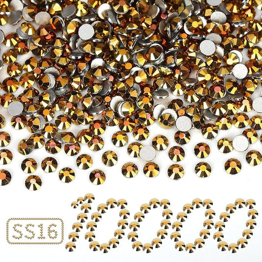 10000PCS Gold Rhinestones Bulk, Flat Back Crystal Glass Stone Round Gems,SS16, 3.8-4.0mm