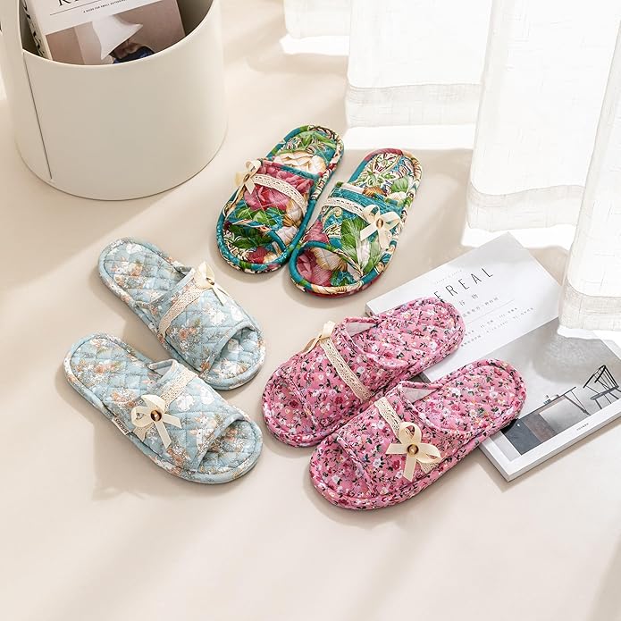 3 Pairs Floral Cotton House Slippers for Women, Open Toe Indoor Slippers Comfortable Washable Portable Foldable Guest Travel Hotel Airplane Spa Slippers