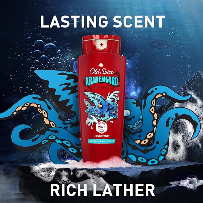 Old Spice Cleansing Body Wash for Men, 3X Defense, 24/7 Shower Fresh with Lasting Scent, 2-in-1 Body & Face Wash, Krakengard with Deep Ocean Scent, 24 oz (Pack of 4)