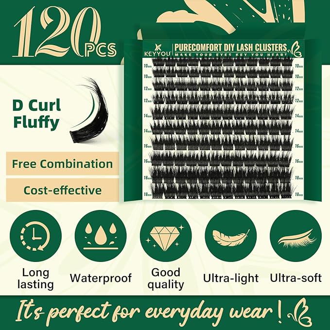 Lash Clusters 120pcs Eyelash Clusters 10-18mix D Curl Cluster Lashes Thick Super Soft Wispy DIY Eyelash Extension at Home(PC02-D-10-18MIX)