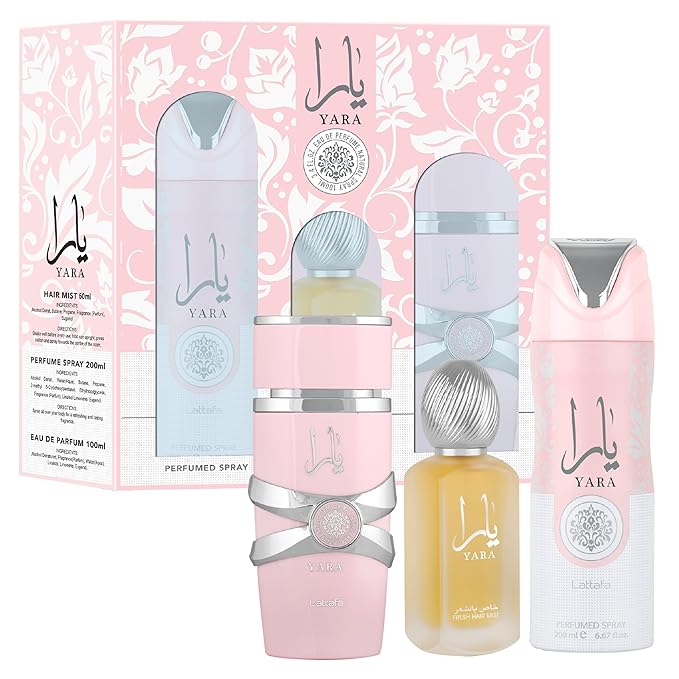 Lattafa Yara for Women 3 Piece Set (3.4 Oz Eau de Parfum Spray + 1.7 Oz Hair Mist + 6.7 Oz Deodorant Spray)