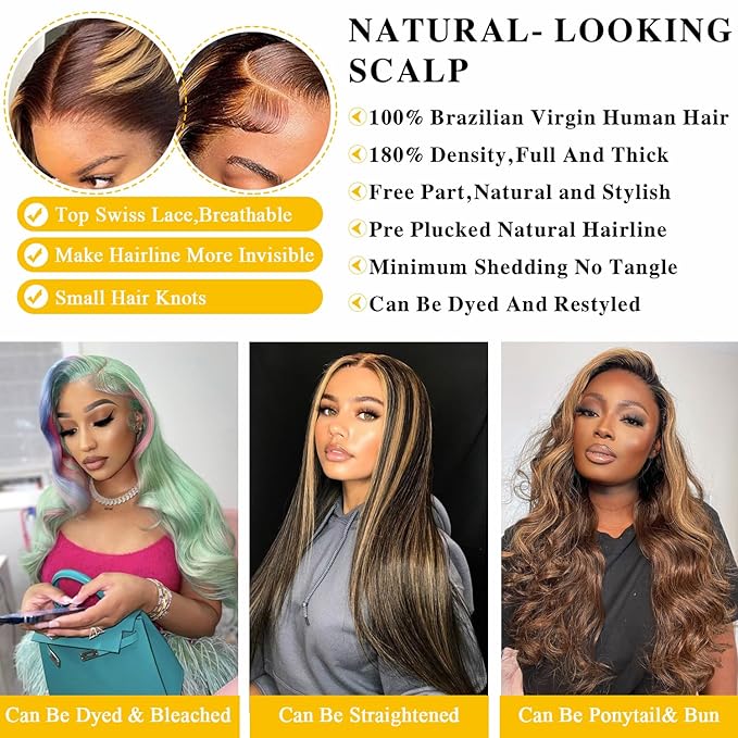 13x6 Body Wave Ombre Lace Front Wigs Human Hair for Women 180 Density 13x6 HD Transparent Lace Front Honey Blonde Wig Human Hair Pre Plucked with Baby Hiar 4/27 Color Glueless Wigs Human Hair 26 Inch
