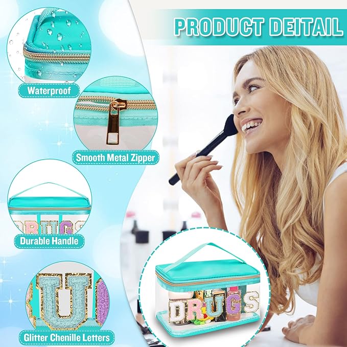 Chenille Letter Clear Makeup Bags Drugs Pouch, Preppy Patch Makeup Bag Zipper with Handle, Transparent PVC & Nylon Waterproof Glitter Cosmetic Handbag Travel Toiletry Storage for Women (DRUGS-Green)