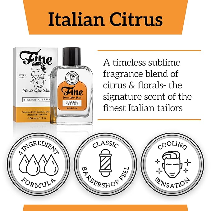 Fine Men's Aftershave - Italian Citrus Fragrance, Soothing & Toning Post Shave Balm, Calms Razor Burn, Classic Barbershop Feel, Alcohol-Based Formula, Gentle for All Skin Types, 100ml