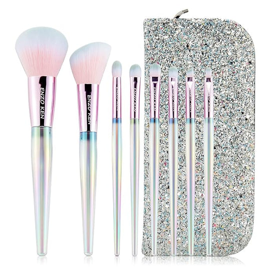 Rainbow Crystal Makeup Brushes Set Professional, Vegan Makeup Brush Set with Case by ENZO KEN, Bedazzled Cosmetic Brushes Makeup Set, Sparkly Make up Brushes Set Professional, Makeup Brush Set Vegan.