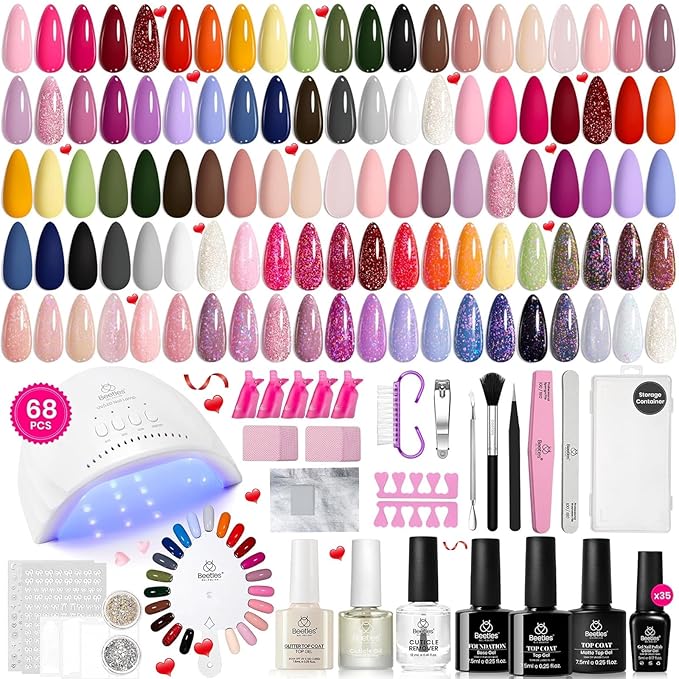 Beetles Gel Nail Polish Kit with U V Light 68PCS Glitter Red Classic Blue Polish kit 35 Colors for Beginners with Everything Gel Manicure Tools, At Home Gifts for Women